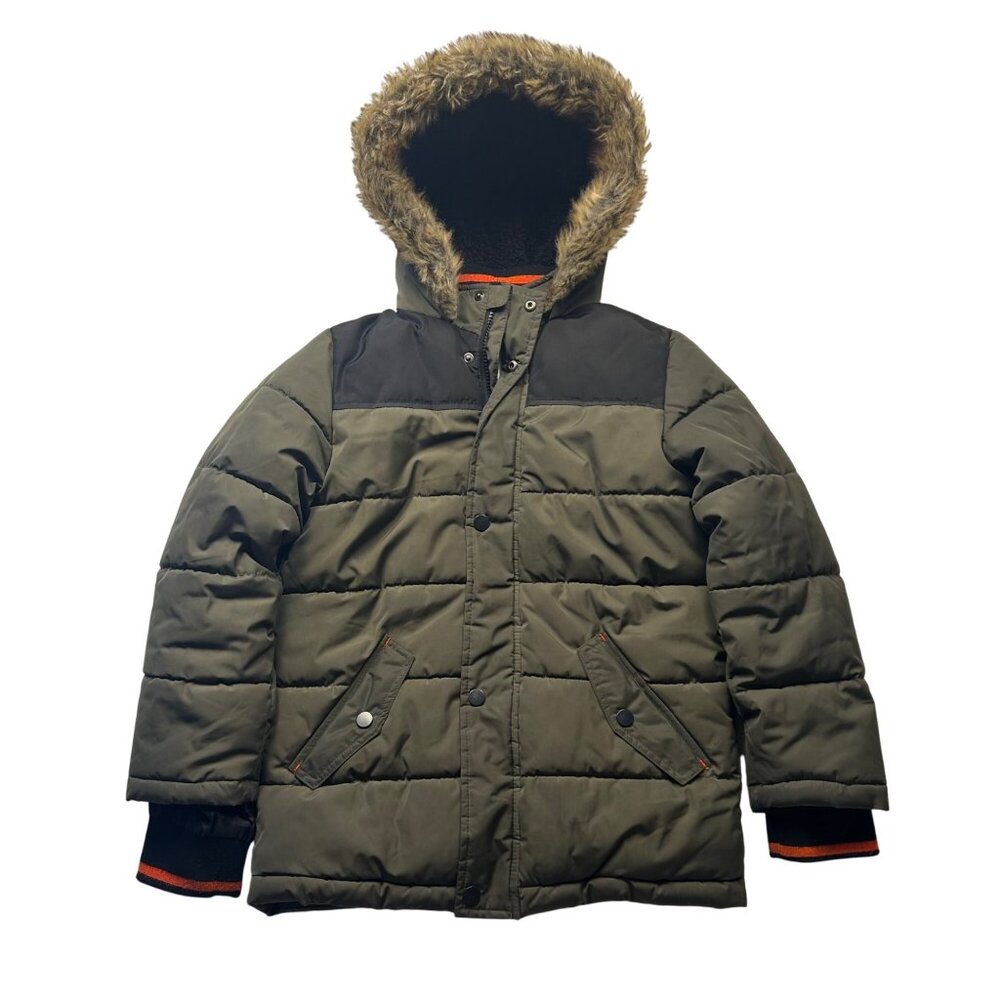 Cozy Puffer Youth Jacket Size 7 With Fur Hood Olive Green & Black